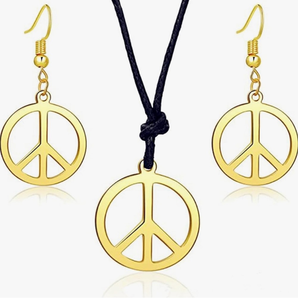 Peace Sign necklace and Dangling Earrings Set Gold tone hippie NEW 3 for $20